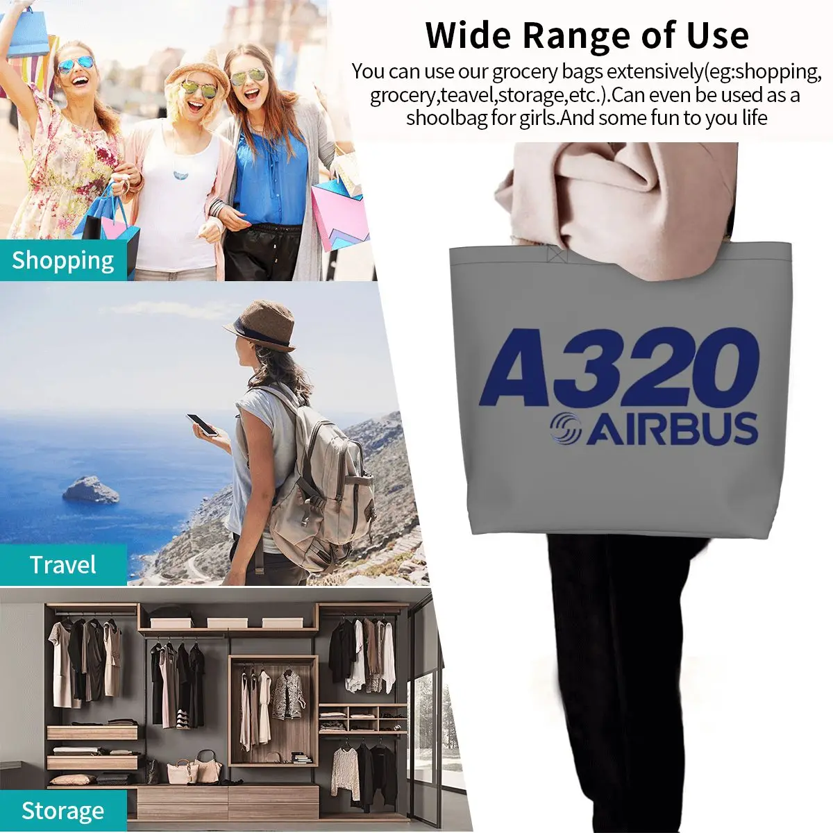 حقيبة تسوق بشعار Airbus A320، حقيبة كتف من القماش ذات سعة كبيرة، حقيبة يد للمتسوقين والبقالة للنساء