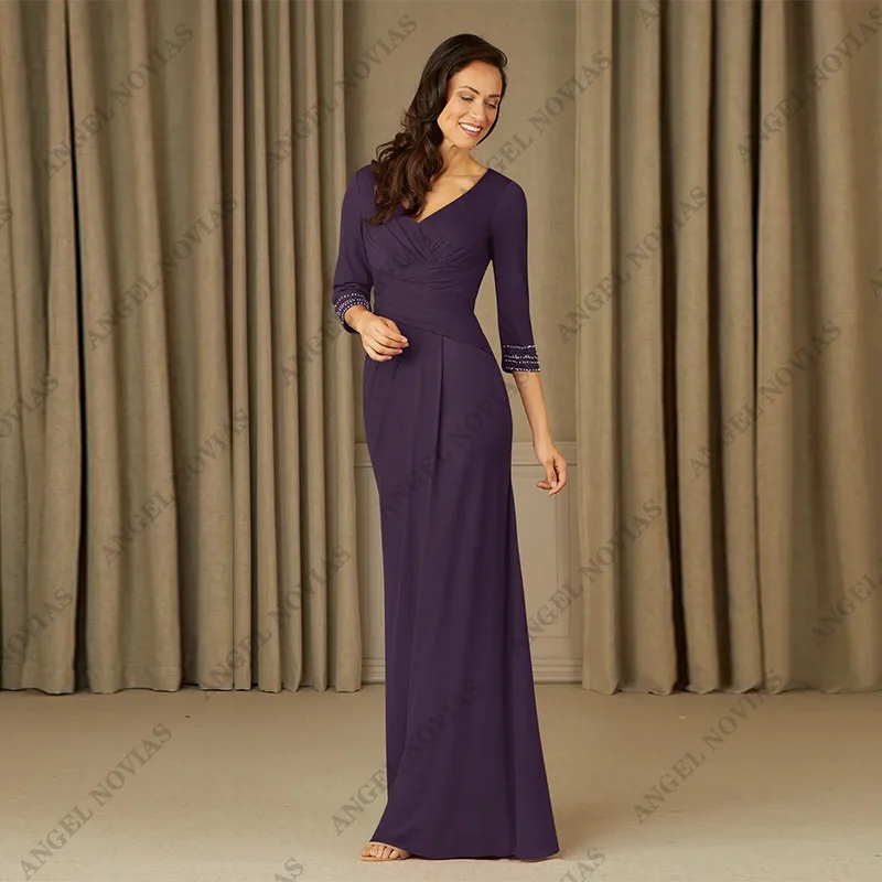 Bainha longa roxo mãe da noiva vestidos com mangas 3/4 vestido de festa de casamento vestido madre del novio largo y elegante