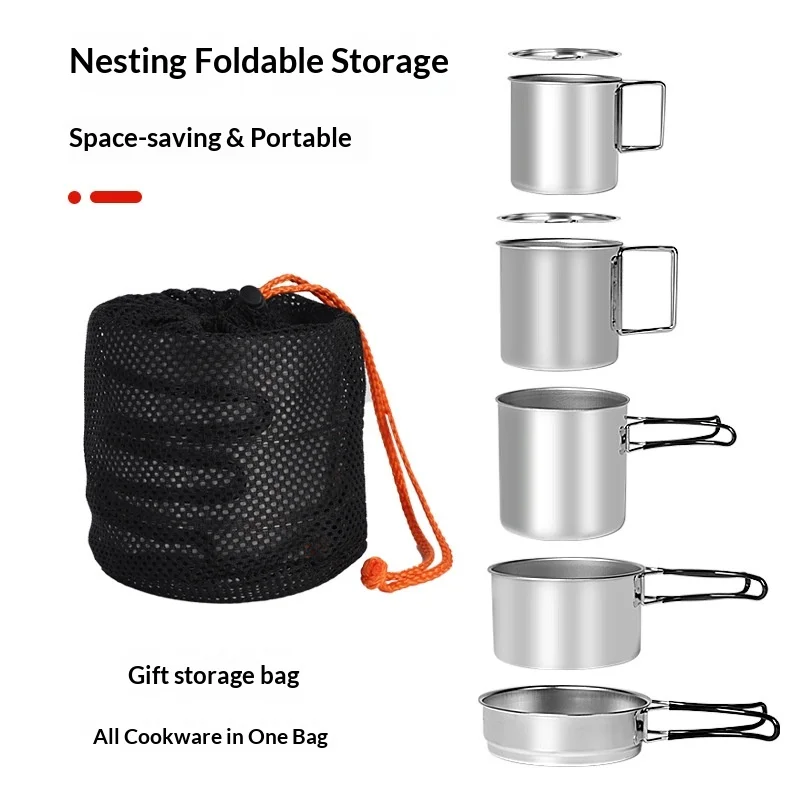 Ready To Ship Stainless Steel Camping Cookware Set 5-piece Foldable Stackable Cups, Bowls and Pots for Outdoor Fast Delivery