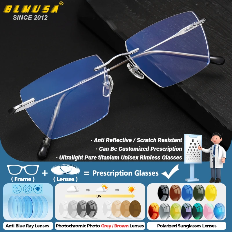 

BLMUSA Business Rimless Square Titanium Frame Prescription Glasses Men Ultralight Anti Blue Light Progressive Reading Eyeglasses