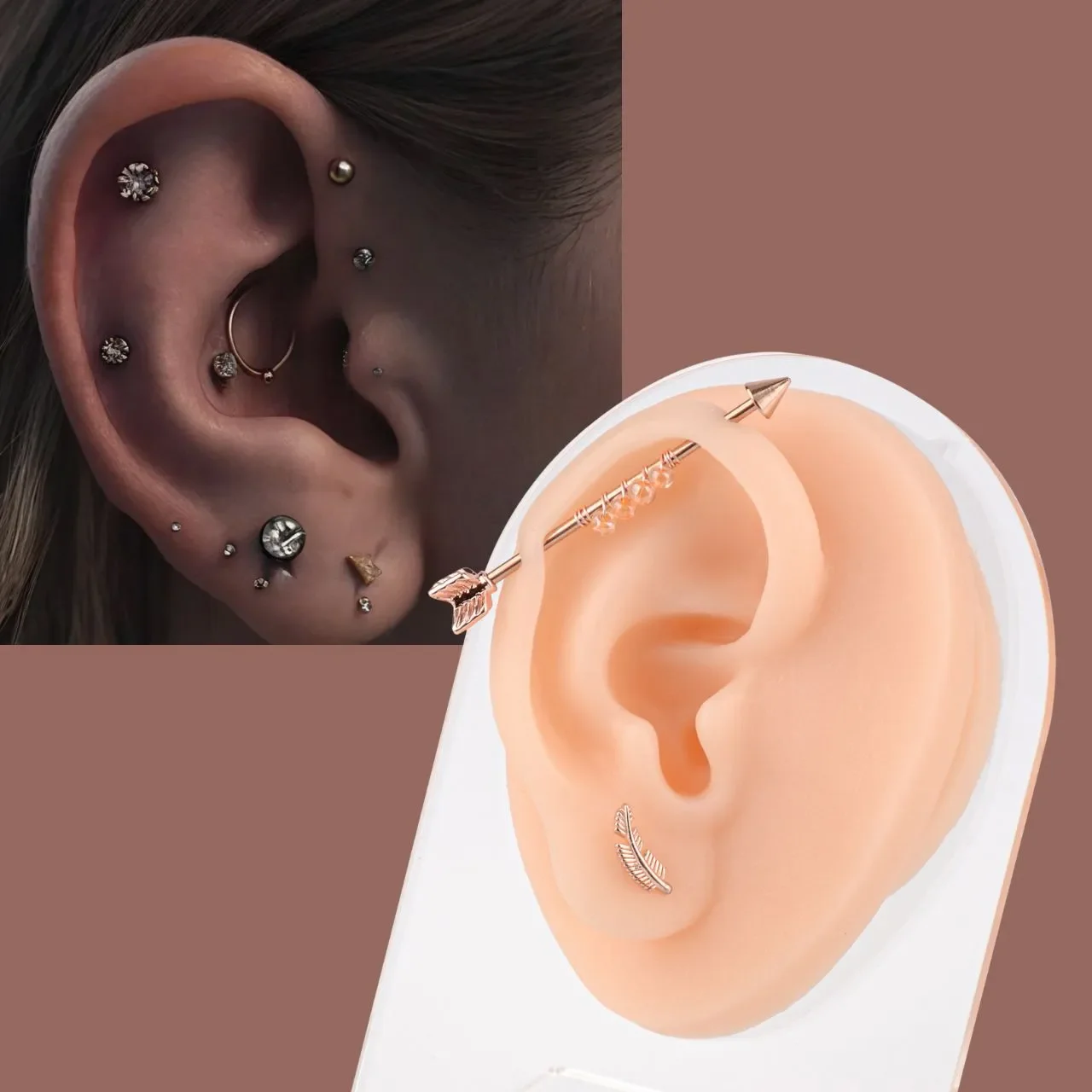 Practice Piercing Ear Silicone Model with Display Stand