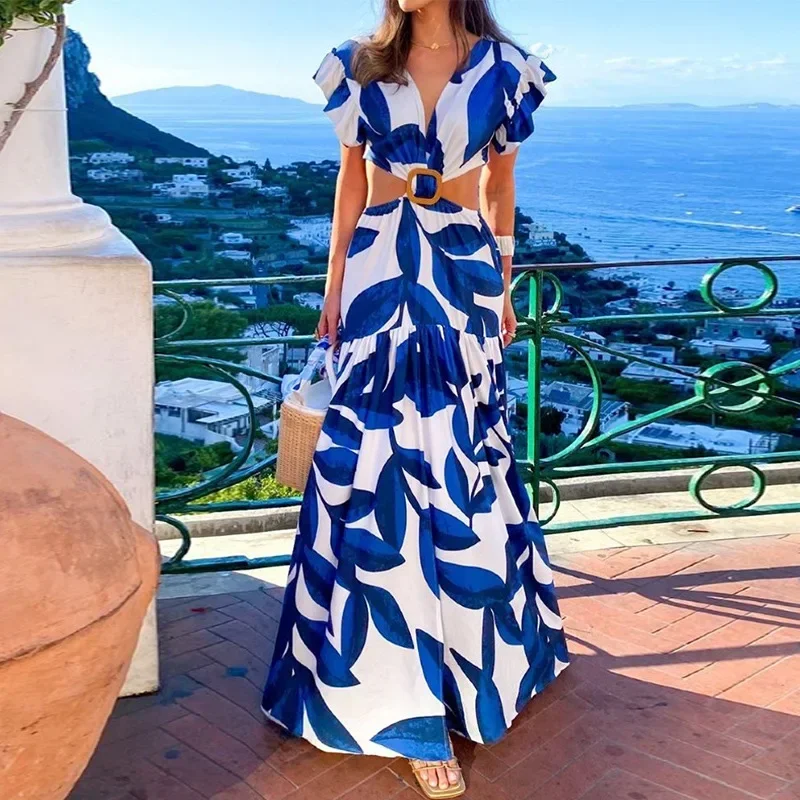 Dress Women Printed V-neck Puff Sleeve Long Sexy Waist-Baring Dress High Waist Beach Summer Hollow Out Big Swing Dress