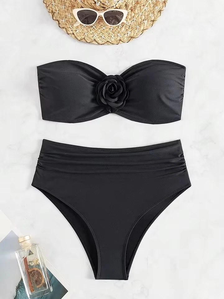 Vzvn 2026 New All Season High Waist Bikinis Sexy Strapless 3D Flower Bikinis for Women Split Swimsuit Beach Bikini 2 Piece Set