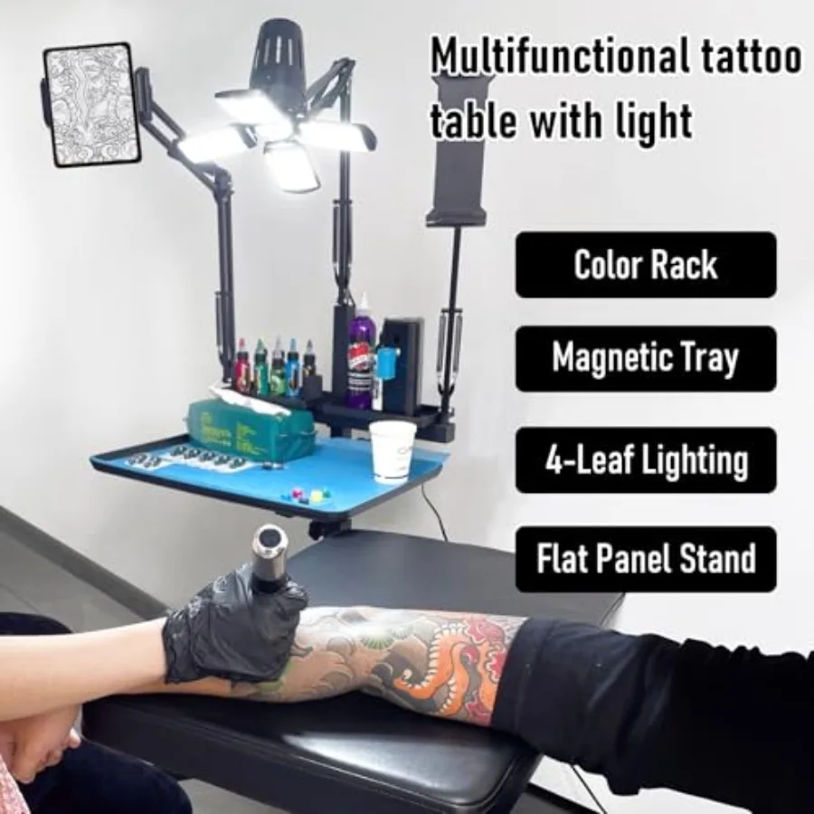 محطة عمل وشم متعددة الوظائف مع رف تخزين الصباغ بإضاءة LED متكامل وحامل لوحي وتعديل الارتفاع الهوائي