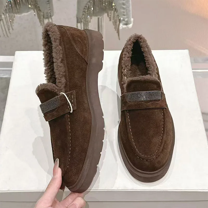 

2025 Women Winter Warm Loafers Cow Suede Wool Outdoor Walking Shoes Flats Casual Slip On Platform Daily Shoes