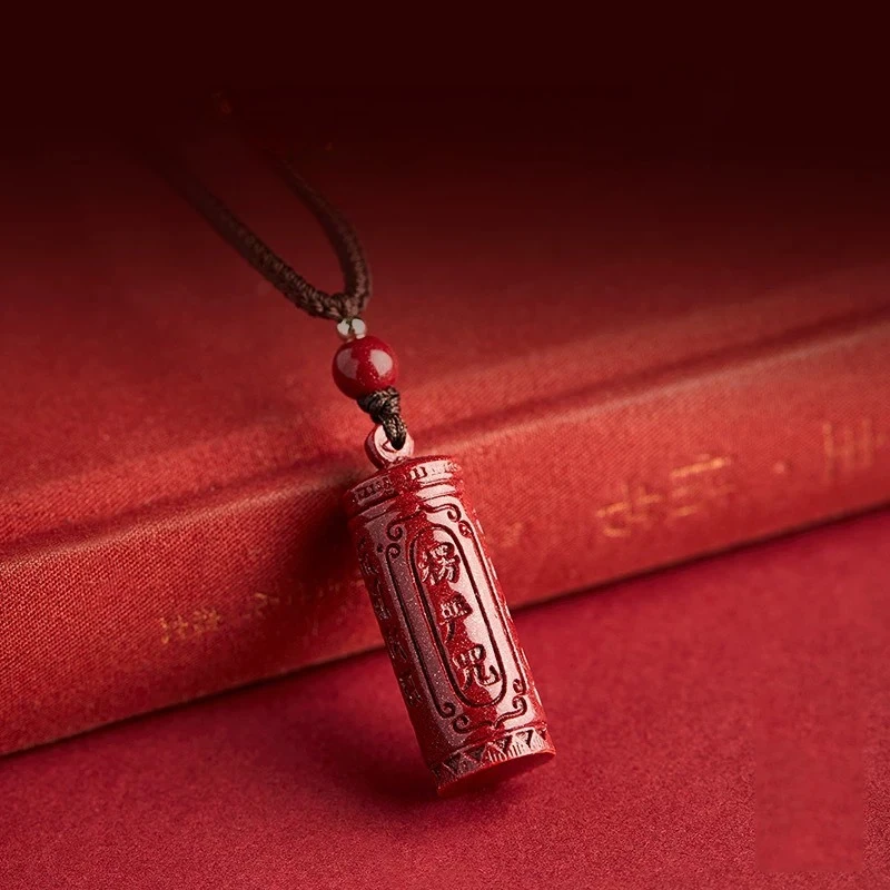 Red Cinnabar Jade Six-Syllable Mantra Pendant Necklace Jewellery Chinese Healing Fashion Amulet Gifts Men Women Sweater Chain