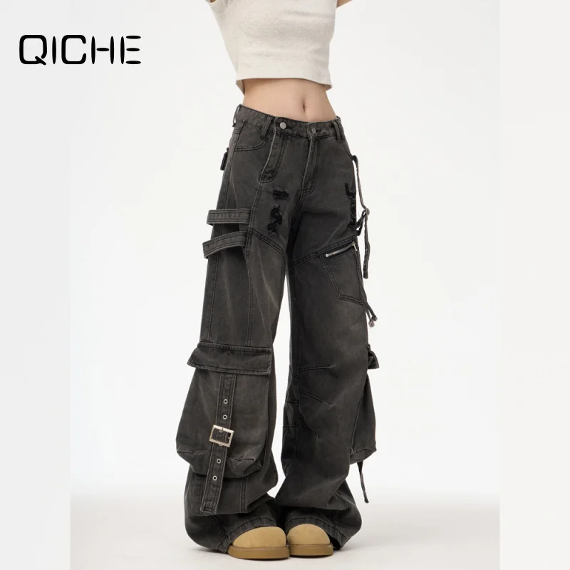 QICHE Unisex Multi‑Pocket Cargo Jeans American High Street Straight‑Leg Loose Wide‑Leg Ripped Versatile Casual Denim Trousers