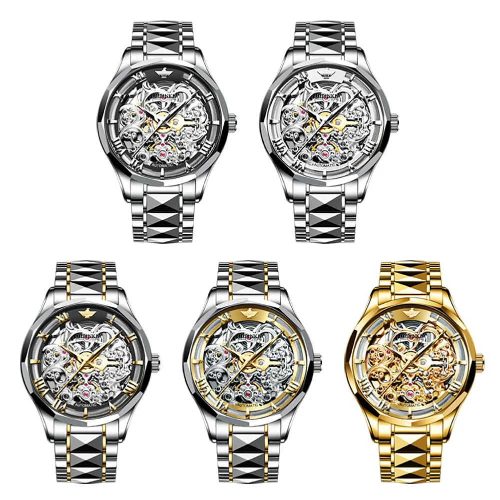 OUPINKE Original Top Brand Automatic Watch for Men Mechanical Gold Watches Skeleton Sapphire Crystal Waterproof Man Wristwatch