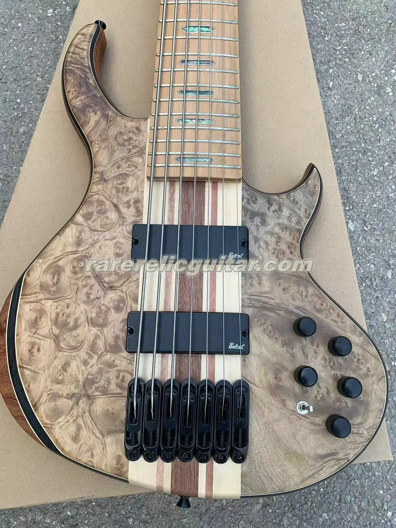 In Stock 7 Strings Natural Burl Spalted Quilted Maple Top Electric Bass Gutiar  Neck Through Body Active Pickups 9V Battery Box