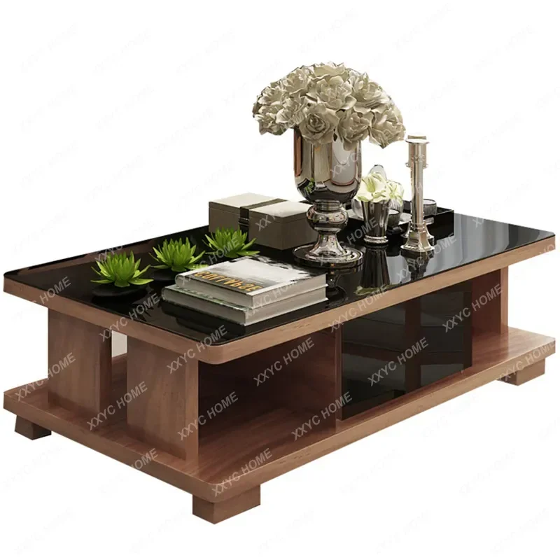 Tea Table Solid Wood Particles Walnut Grain Color Simple Modern Chinese Style Black Tempered Glass Tea Table Sofa Living Room
