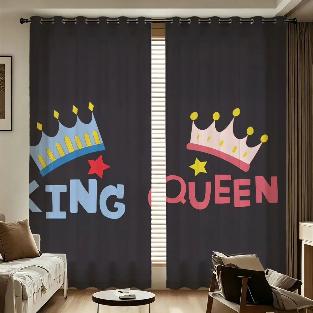 King Queen Crown Print 2 Panels Curtains Printed Darkening Curtains Light Blocking Rate 85% Couple Bedroom Decor Curtains