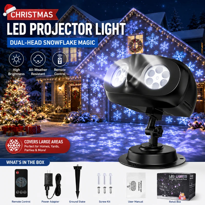 Snowflake Pattern LED Projector Christmas Outdoor Waterproof Ground Stake Lamp Dual Head Yard Holiday Lighting