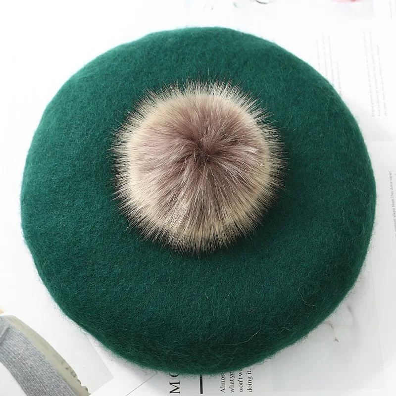 Children Girls Cute Thick warm wool beret hat Winter girls kids pom pom berets cap Artist hat Pumpkin hat