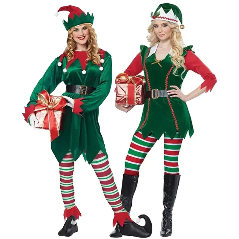 Disfraz de terciopelo de elfo verde alegre de Navidad, vestido de fiesta de Papá Noel, Cosplay, Año Nuevo, Festival de Navidad, ropa para el escenario