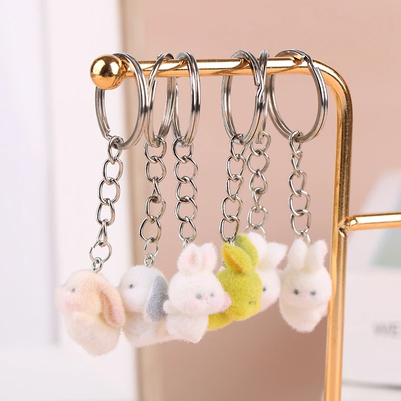 1pc Kawaii Flocking Rabbit Keychain Cute Animal Key Ring Pendant Gift For Adults Kids Party Favors