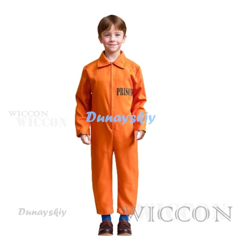 Boy Prisoner Costume Kids Orange Convict Jumpsuit with Handcuffs Jailbird Cosplay Prison Uniform for Halloween Cosplay Party Set