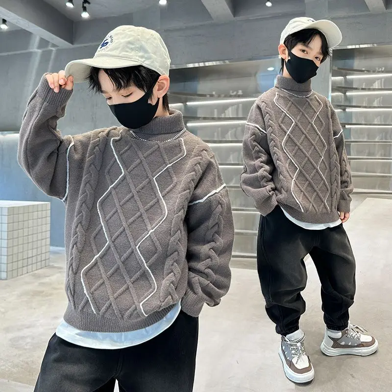 

High Quality Clothing Winter Boys Girls Kids Thicken Knitted Turtleneck Sweater Solid High Collar Pullover Fluff Sweater A105