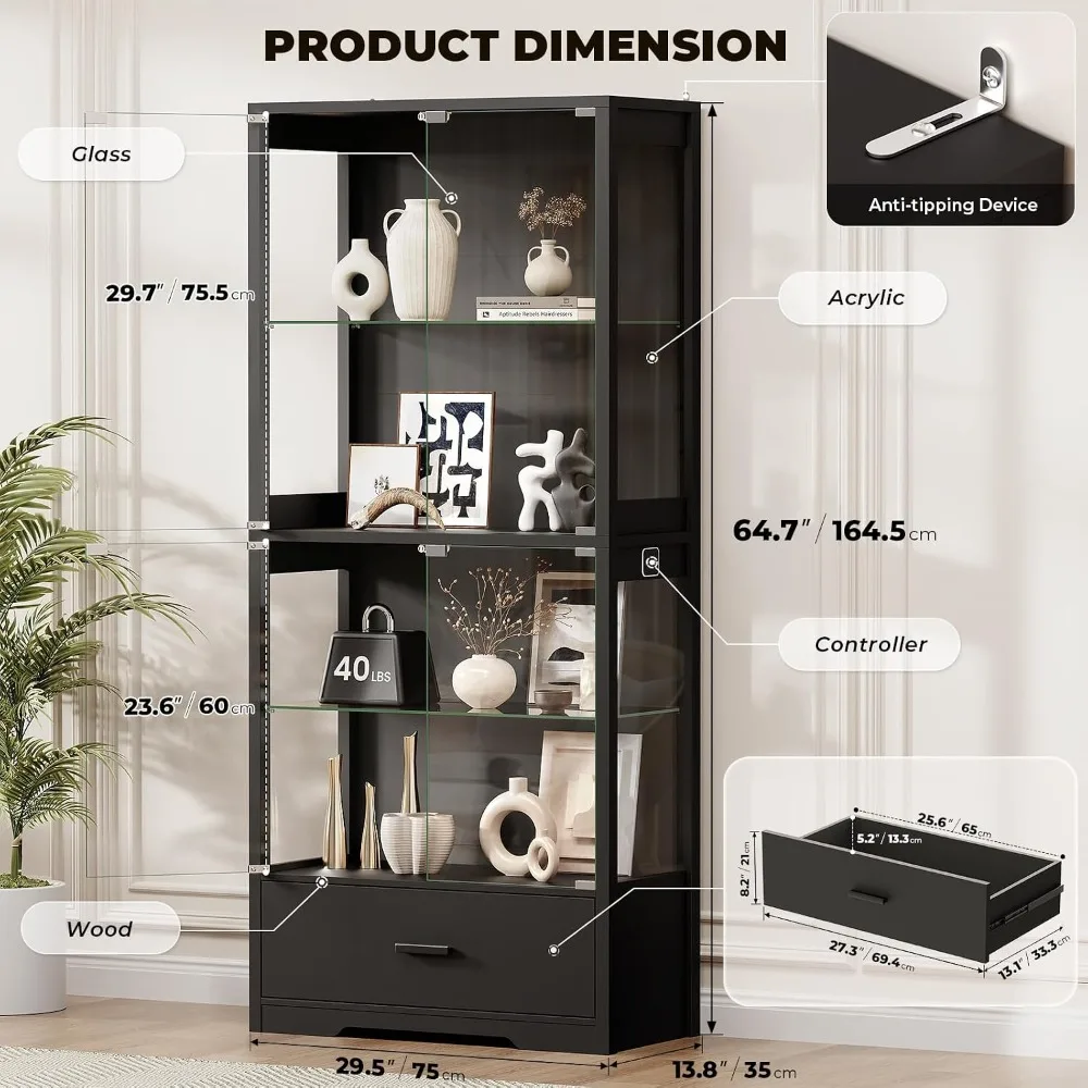 4-Tier Display Cabinet with Glass Doors and Drawer for Collectibles