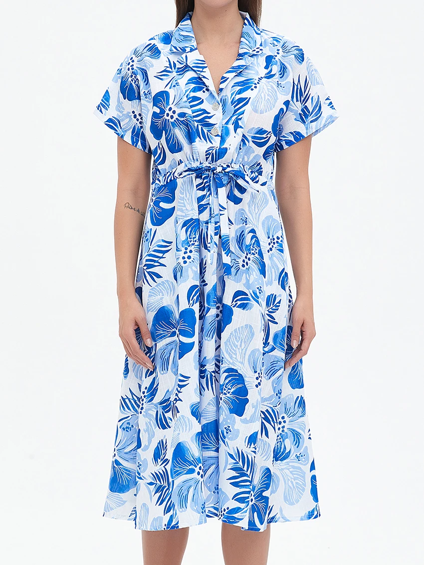 

Parc Fee Summer Loose Print Women's Dress 2025 Casual Lapel Short Sleeve Midi Dresses Elegant Classic Lace-Up Female Dress