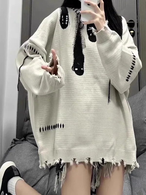 

Женский свитер оверсайз в американском винтажном стиле, свободный крой, осенне-зимний, уличный стиль, вязаный топ с дырками, эффект похудения