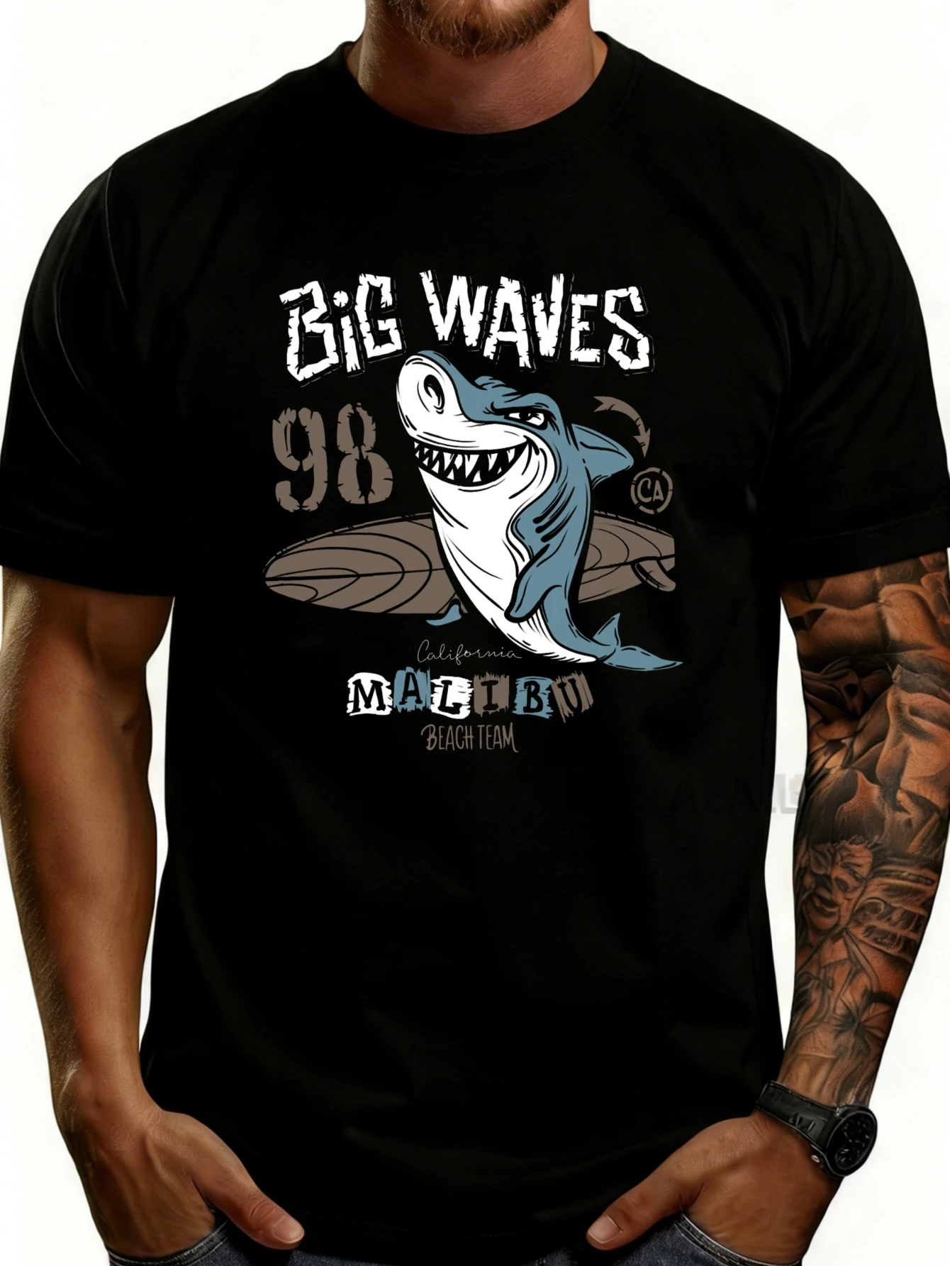 Casual Style Men's T-Shirt, Shark and Surfboard Design, Big Wave Malibu California Beach Team Summer Apparel, Suitable for Surfers and Ocean Enthusiasts, Gift for Him