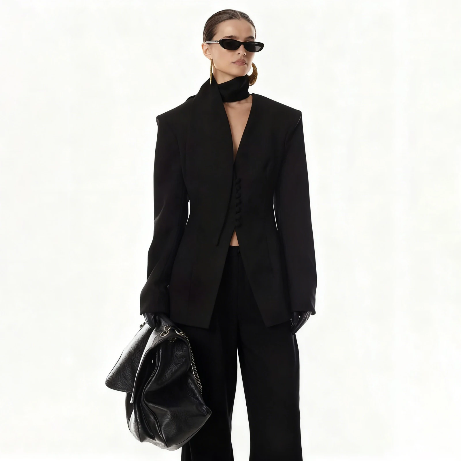 BJTZ Women's Single Pants piece Blazer Shawl Collar V-Neck set Single Breasted Wide  With Pockets Elegant Premium  Casual