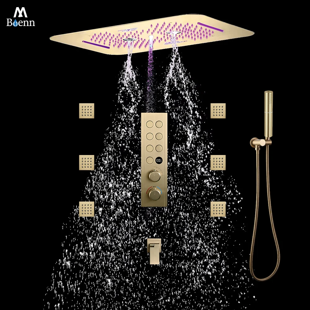 M Boenn 7 Functions Shower Set System Bathroom Faucet LED Music Black Shower Head Smart Digital Display Thermostatic Mixer Brass