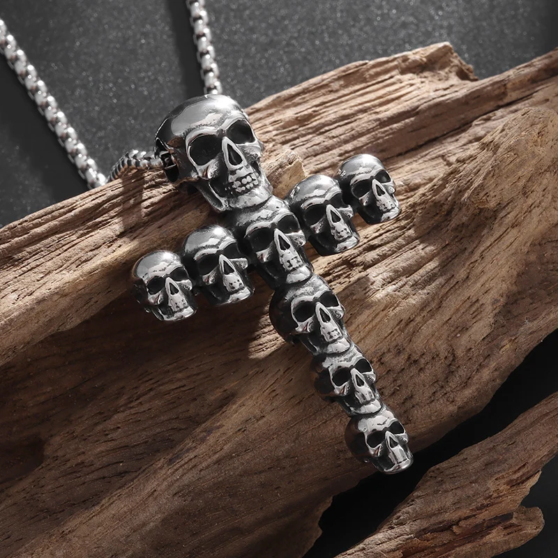 Christian Jesus Cross Full Skull Pendant Necklace for Men and Women Personality Biker Punk Exorcist Amulet Jewelry image 4