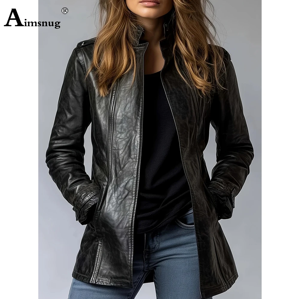 

Черные куртки из мягкой искусственной кожи 2024, весенне-осенняя мода, верхняя одежда на молнии, женская базовая куртка, женские длинные плащи, новинка