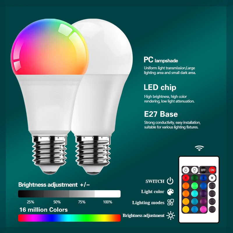E27 Remote Control Lamp Led RGB Light Dimmable AC220V 7W RGBW Led Lamp Colorful Changing Bulb Led Lampada RGBW White Decor Home