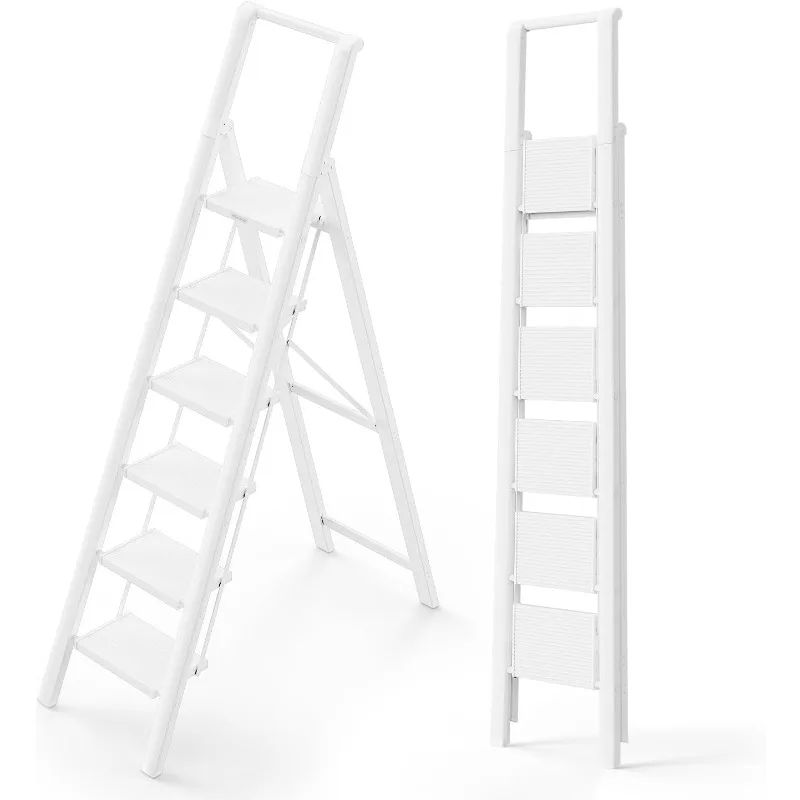 6-step ladder, lightweight folding ladder, slim ladder for tight spaces, tall ladder with handrails for high ceilings