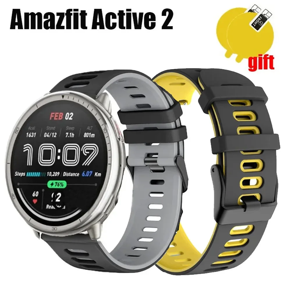 Amazfit Active 2용 화면 보호 필름이 포함된 프리미엄 Quickfit 실리콘 밴드 - 다채로운 스트랩 팔찌 손목밴드