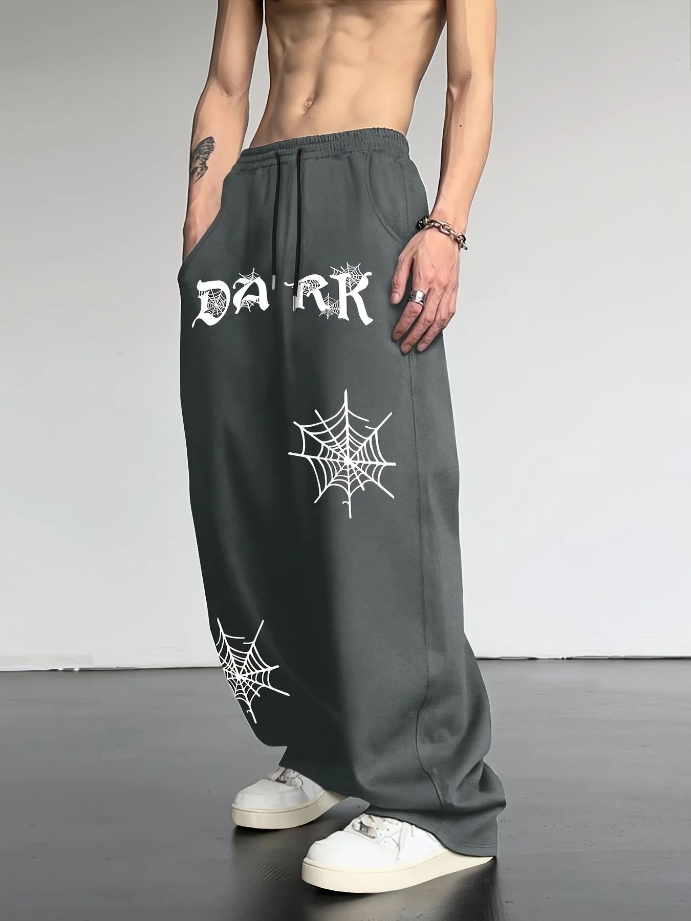 Men Gothic Spider Web Dark Letter Print Sweatpants Oversize Draped Straight Leg Trousers High Street Loose Casual Pants S-3XL