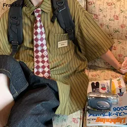 Vintage Çizgili Gömlek Kadın Unisex Yaz Harajuku Japon Tarzı Kız Öğrenciler Üstleri Çift Moda Gevşek Yüksek Sokak Giyim