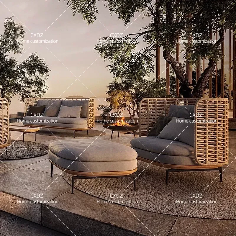 Nordic Outdoor Teak Sofa Set Waterproof Sunproof Courtyard Villa Garden Furniture with Coffee Table and Chairs Combination