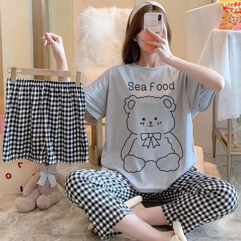 Conjuntos de pijama de tres piezas para mujer, Top de manga corta, pantalones cortos, ropa de dormir, lencería con estampado de dibujos animados, ropa de dormir Sexy, nuevo