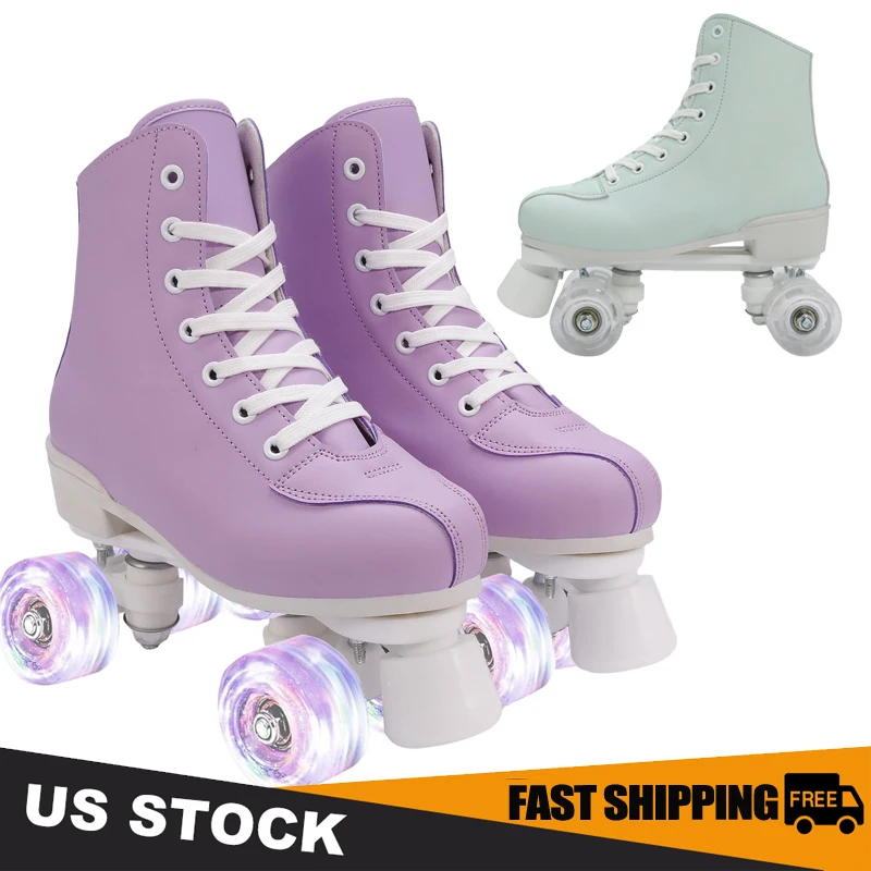 

4-колесные туфли для катания на коньках, уличные раздвижные кроссовки для катания на роликах, фиолетовые женские двухрядные кроссовки из искусственной кожи на роликах