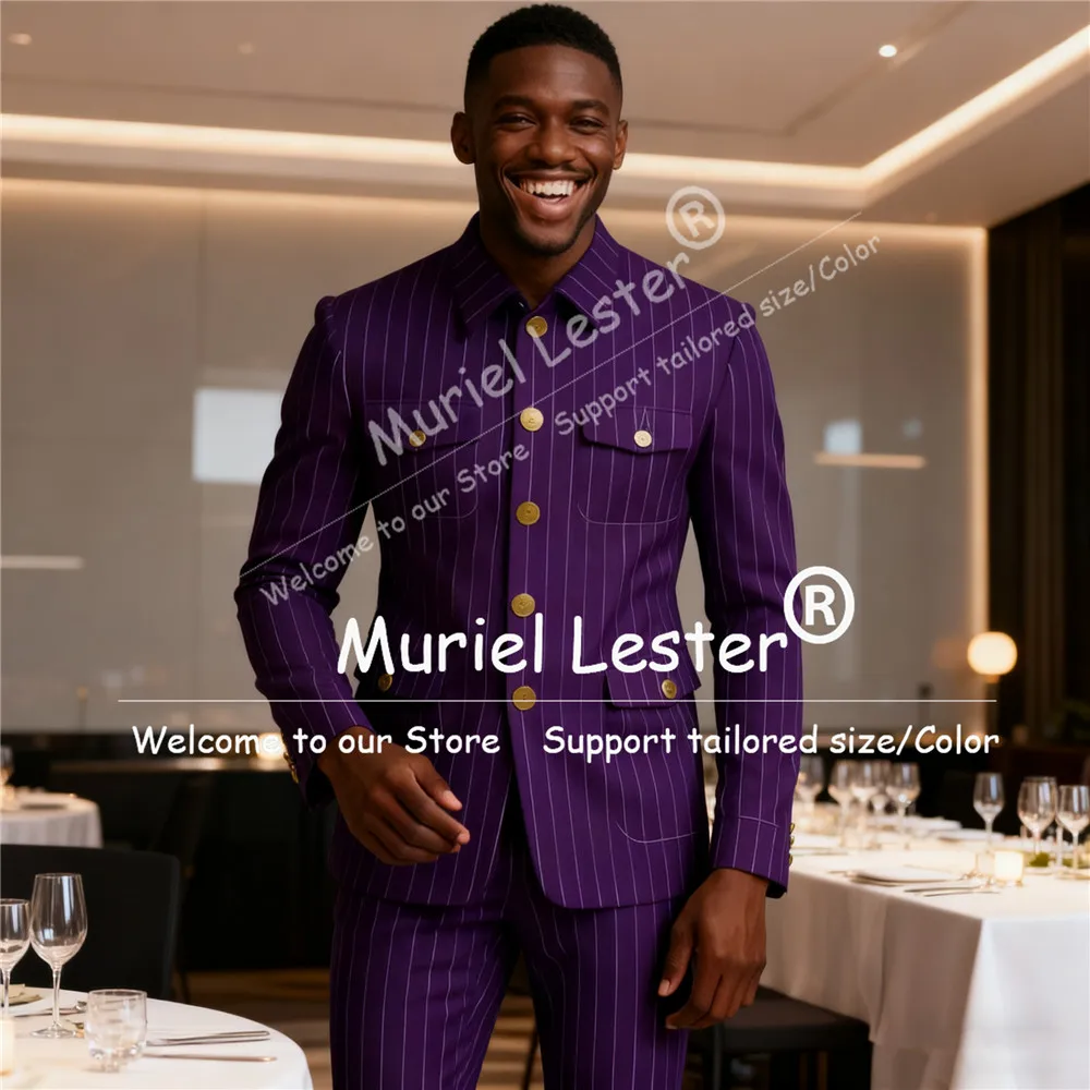 

Male Fashion Pinstripe Men's Suit Single Breasted Stand Collar Blazers Customized 2pcs Jacket Pants Stripes trajes para hombre