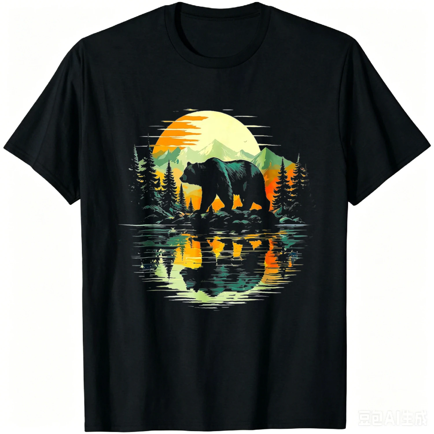 Wildlife Bear Trees Reflection Outdoor Forest T-Shirt Casual Summer Top Short Sleeve Crew Neck Men Women Unisex Clean Fit Tee