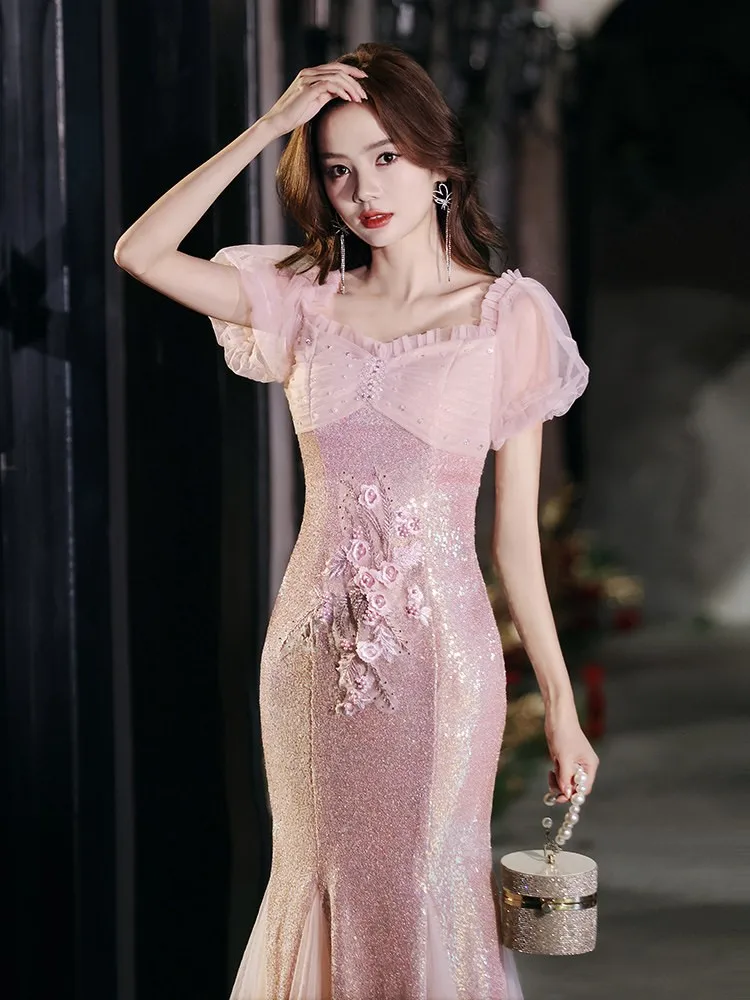 Fish-tail light luxury niche haute couture toasting host adult pink dress view 2