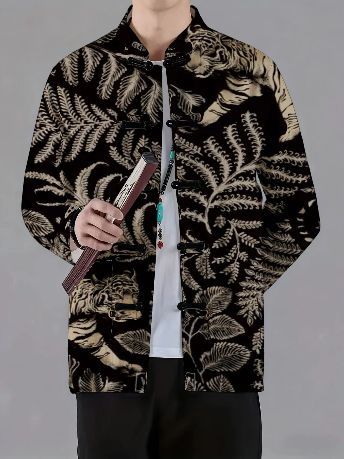 Men Mandarin Collar Frog Button Jacket Leaf Tiger Tropical Wildlife Art Print Traditional Outerwear