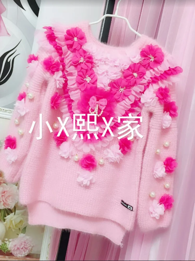 Winter Clothes for Women 2024 New Long Sleeve Handmade Crochet Flower Knit Pullovers Fashion All-Match Wool Sweater Woman Coat