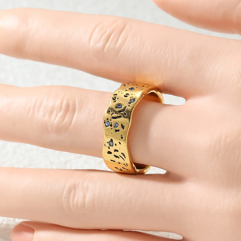 Women's Wave Texture Ring  Irregular Concave Convex Texture Inlay Synthetic Zircon Personalized Niche Style Ring Accessory