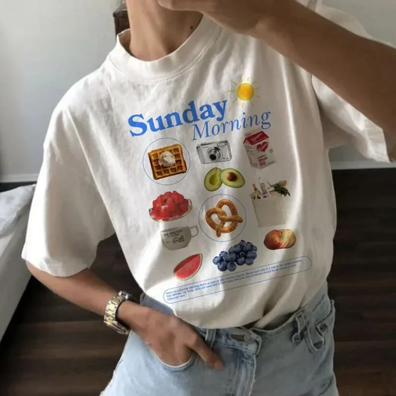 Mode O-Ausschnitt süße Grafik Tops süße 90er Jahre Kleidung Sonntag Morgen bedrucktes T-Shirt lässig lustig kurzärmeliges Damen-T-Shirt.