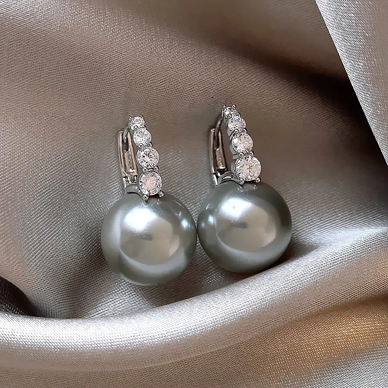 Autumn And Winter Vintage Light Luxury Zircon Grey Pearl Earrings For Women Fashion Elegant Crystal Jewelry Party Gifts