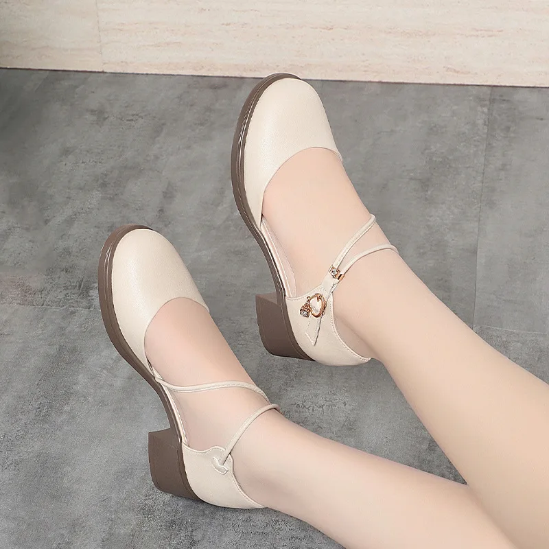 4.5cm All Match Spring Summer Round Head Med Block Heels Shoes 2026 Bandage Soft Leather Shoes Platform for Office Mom - view 2