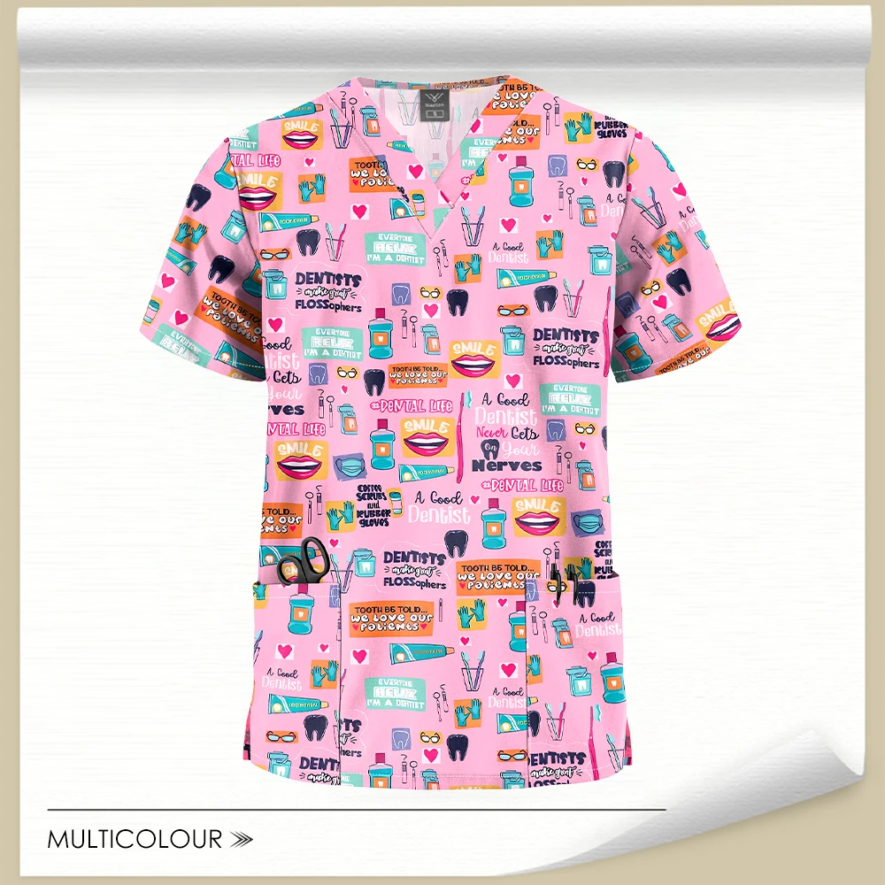 Stretch Cute Cartoon Print Nurse Uniforms Women Men T-shirts Pocket Casual Short Sleeve Pullover V-neck Scrubs Tops Lab Workwear view 5