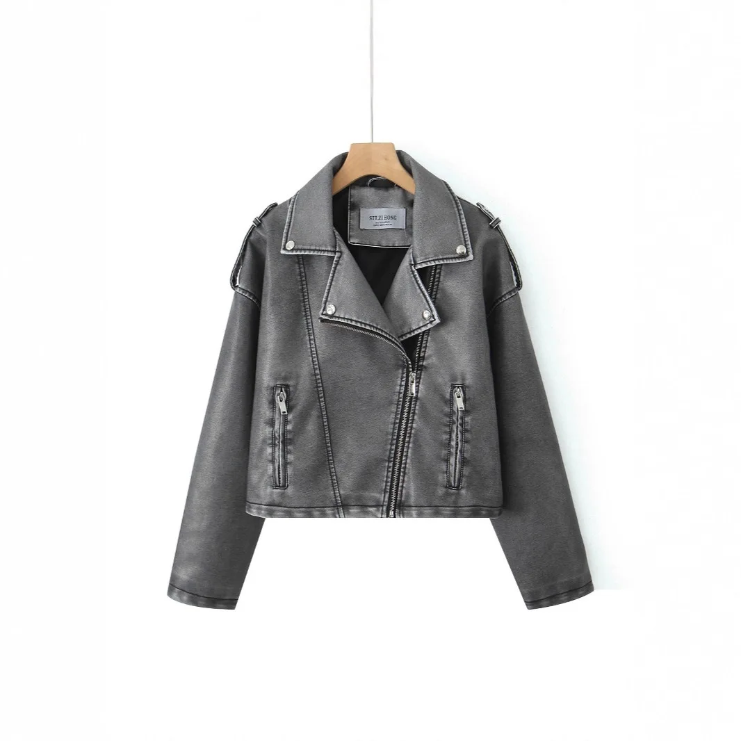 Autunno New American High Street Giacca da motociclista vintage in ecopelle Stile corto Design da donna con cinturino posteriore con cerniera superiore