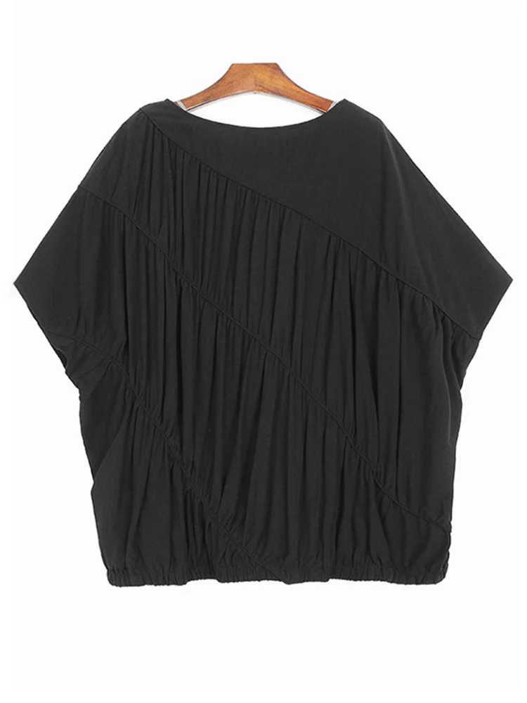 Women Khaki Pleated Elegant Big Size T-shirt New Round Neck Batwing Sleeve Fashion Tide Spring Summer 2023  M470