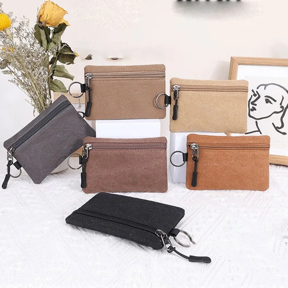 Casual Hand-held Canvas Coin Purse with Key Ring Retro Mini Coin Pouch Classic Durable Pouch Bag Bus Card
